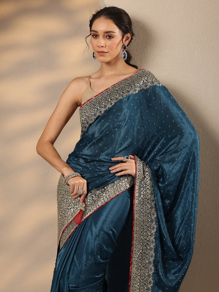 Navy Blue Embellished Silk Blend Saree With Unstitched Blouse Piece