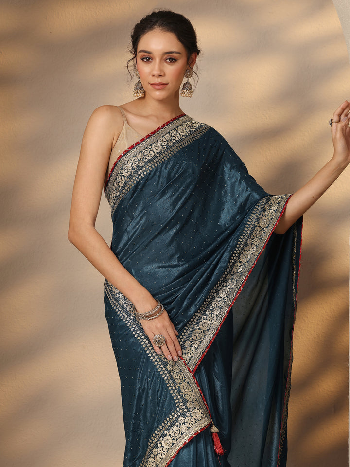 Navy Blue Embellished Silk Blend Saree With Unstitched Blouse Piece