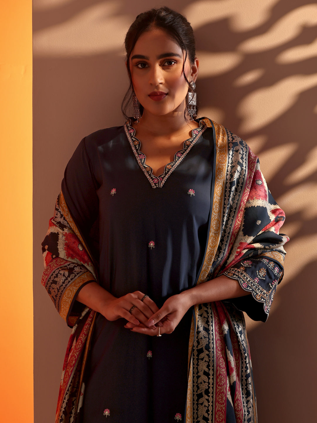 Navy Blue Embellished Silk Blend Straight Suit Set With Dupatta