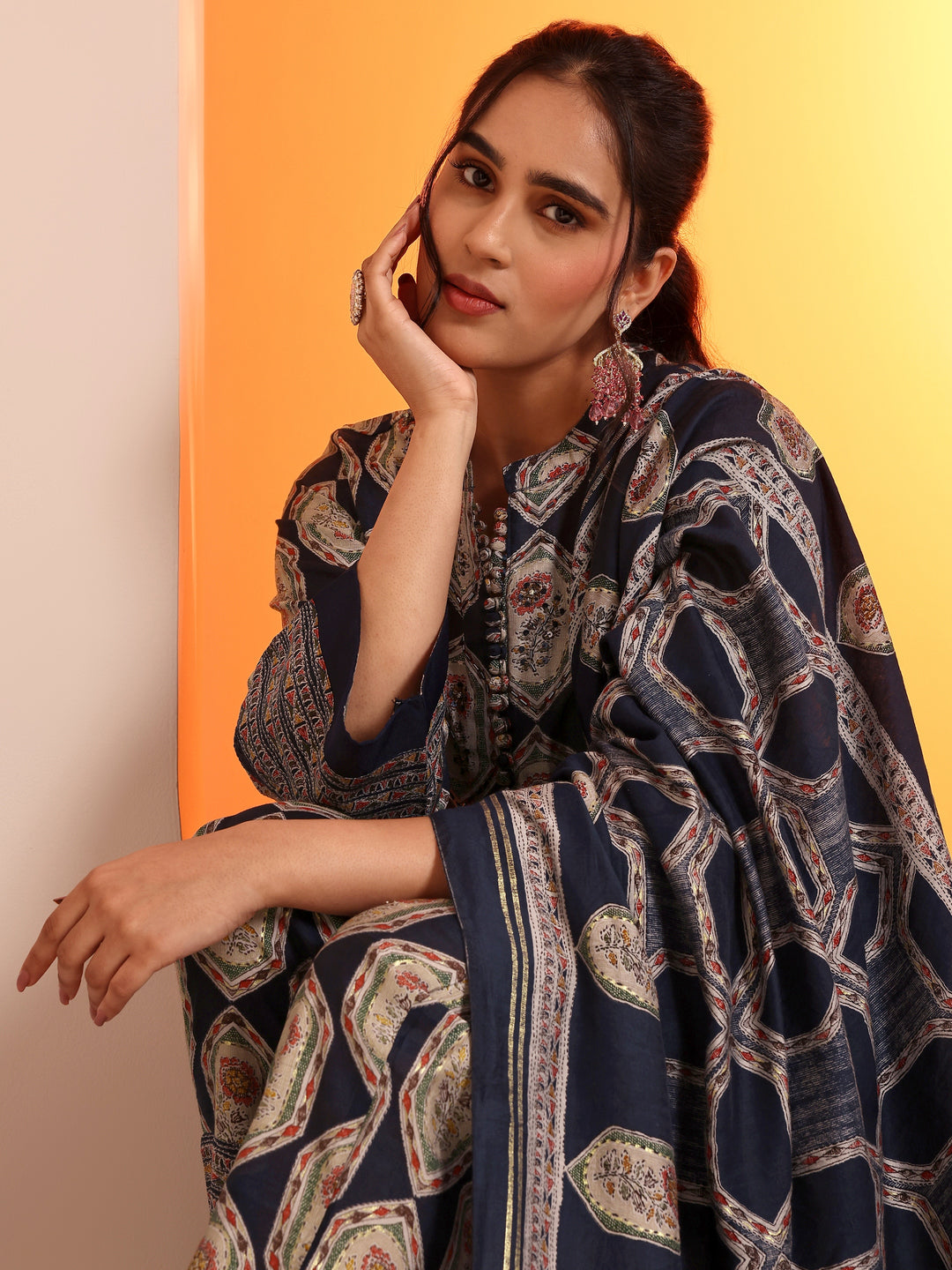 Navy Blue Embellished Silk Blend Straight Suit Set With Dupatta