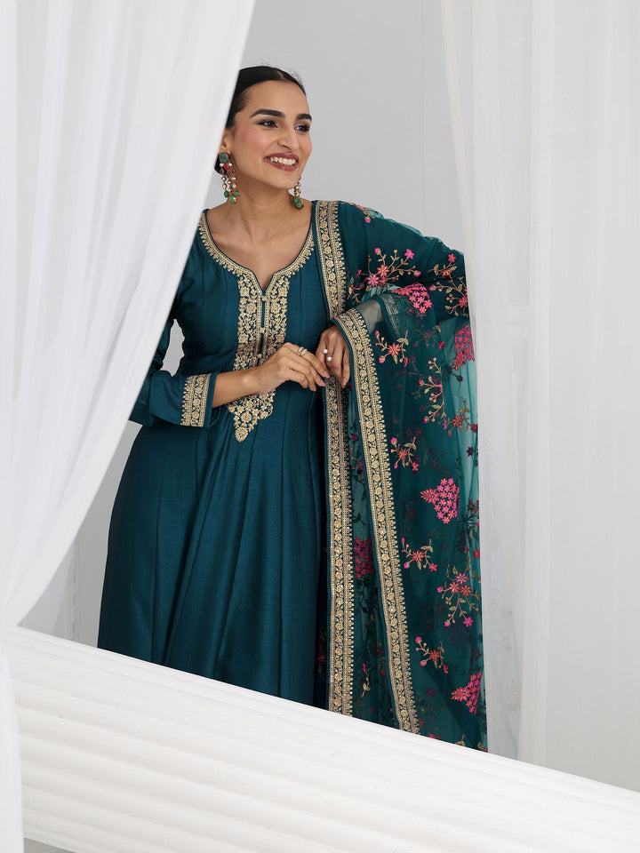 Navy Blue Embroidered Silk A-Line Gown With Dupatta