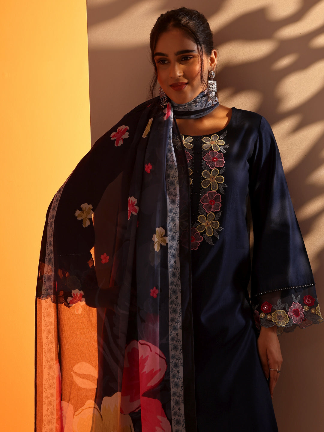 Navy Blue Embroidered Silk Blend Straight Suit Set With Dupatta