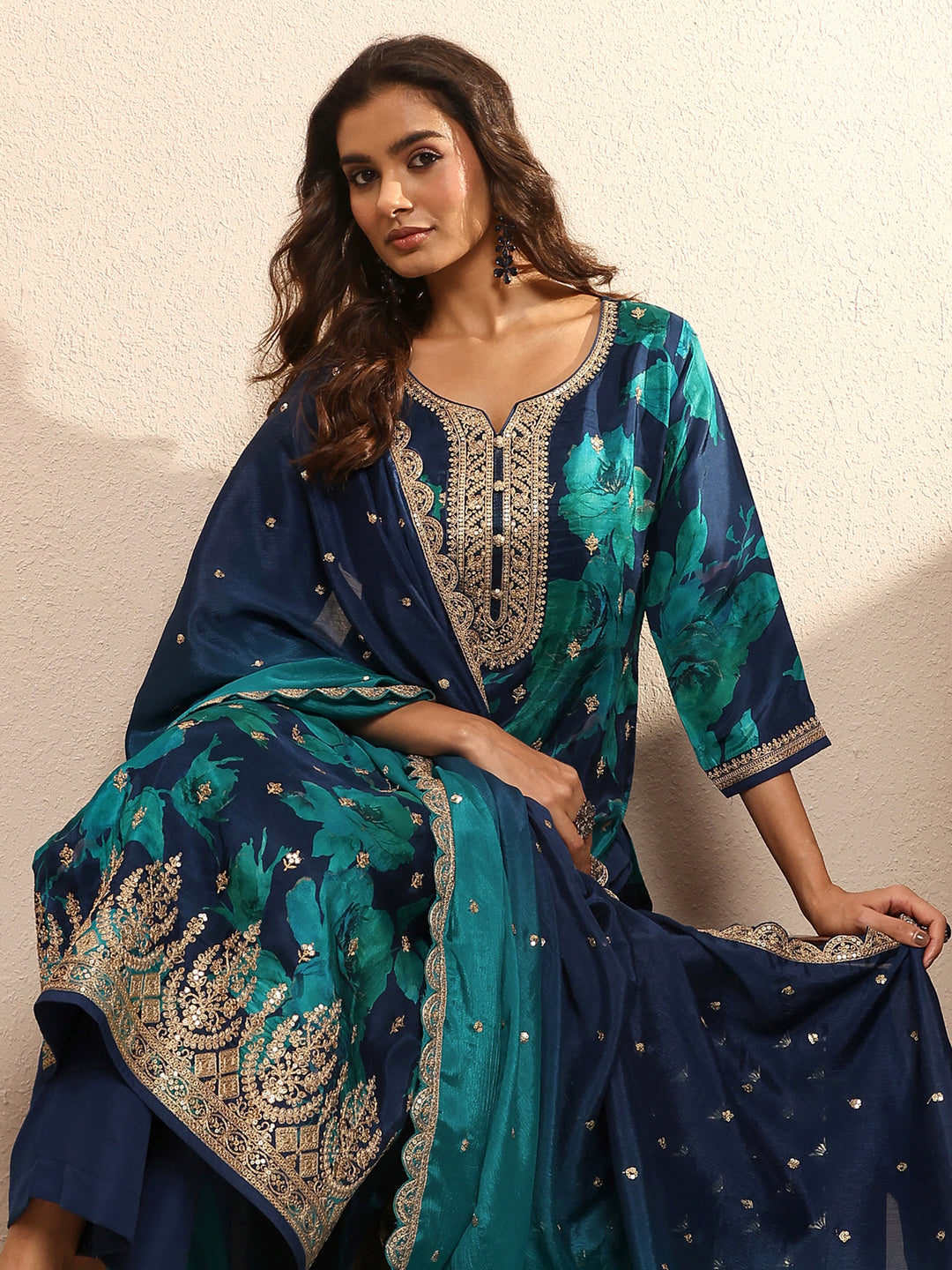 Navy Blue Embroidered Silk blend Straight Suit Set With Dupatta