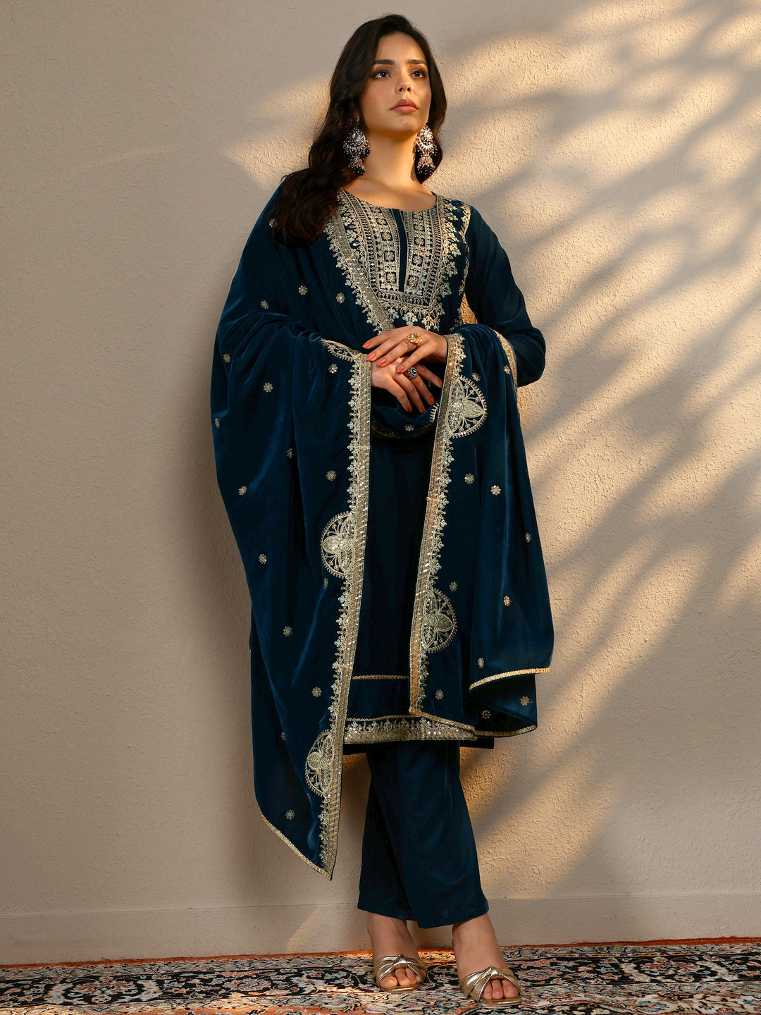 Navy Blue Embroidered Velvet Straight Suit Set With Dupatta