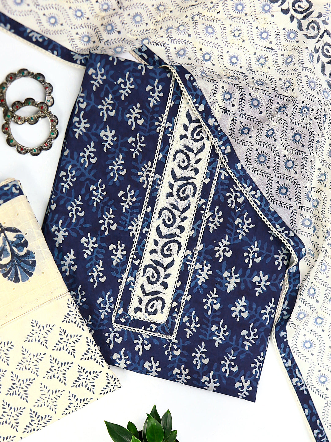 Navy Blue Ethnic Motif Printed Cotton Dress Material With Dupatta