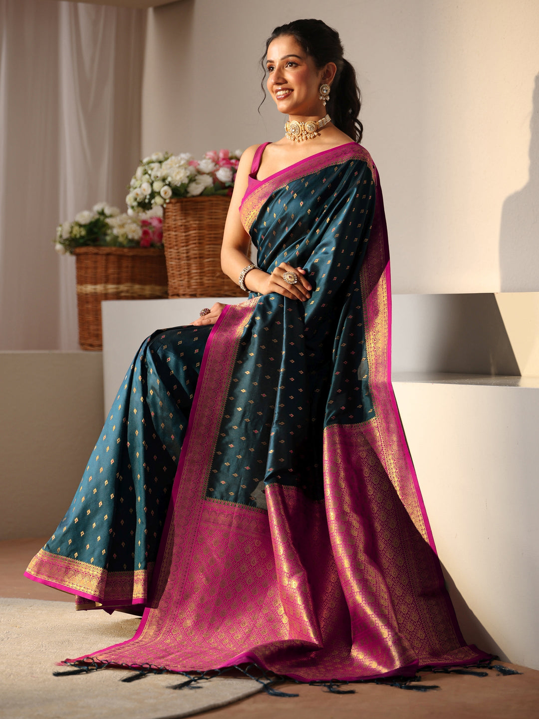 Libas Navy Blue Kanjeevaram Silk Blend Saree