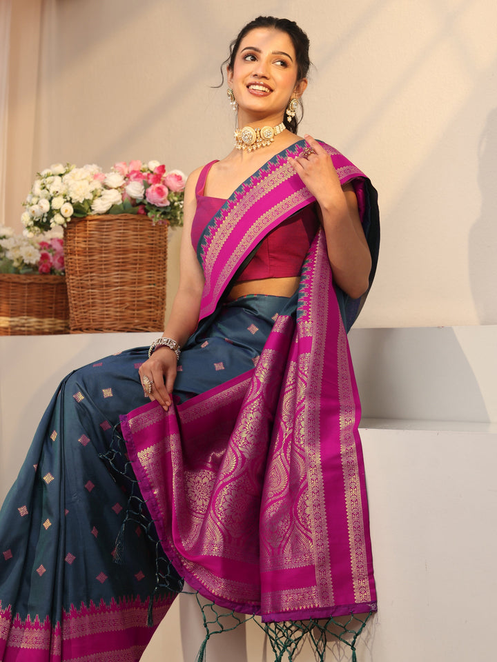 Navy Blue Ethnic Motif Self Design Silk Blend Saree
