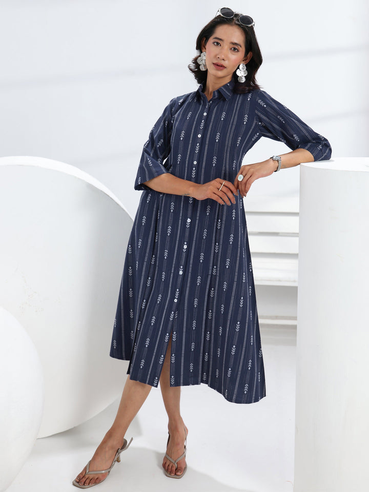 Navy Blue Ethnic Motif Woven Design Cotton Blend A-Line One Piece Dress