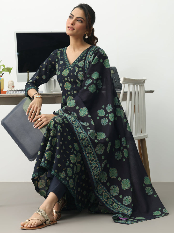 Navy Blue Ethnic Motifs Printed Cotton Blend A-Line Suit Set With Dupatta