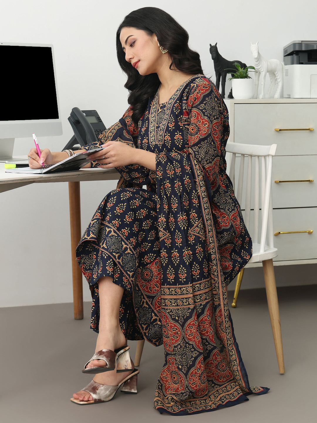 Navy Blue Ethnic Motifs Printed Cotton Blend A-Line Suit Set With Dupatta