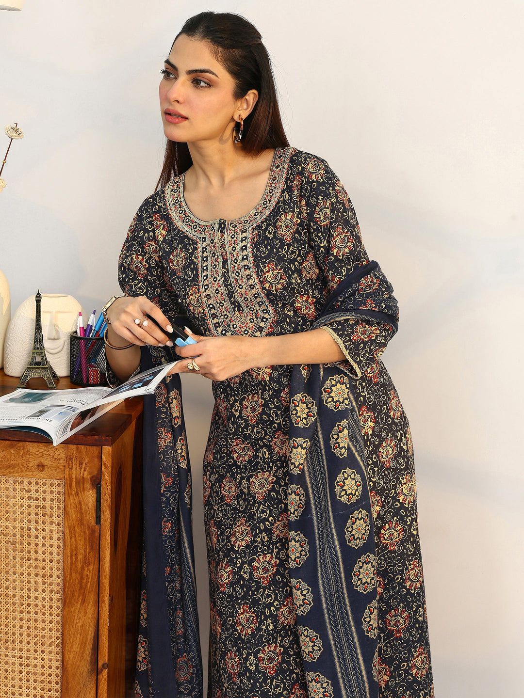 Navy Blue Ethnic Motifs Printed Cotton Blend A-Line Suit Set With Dupatta