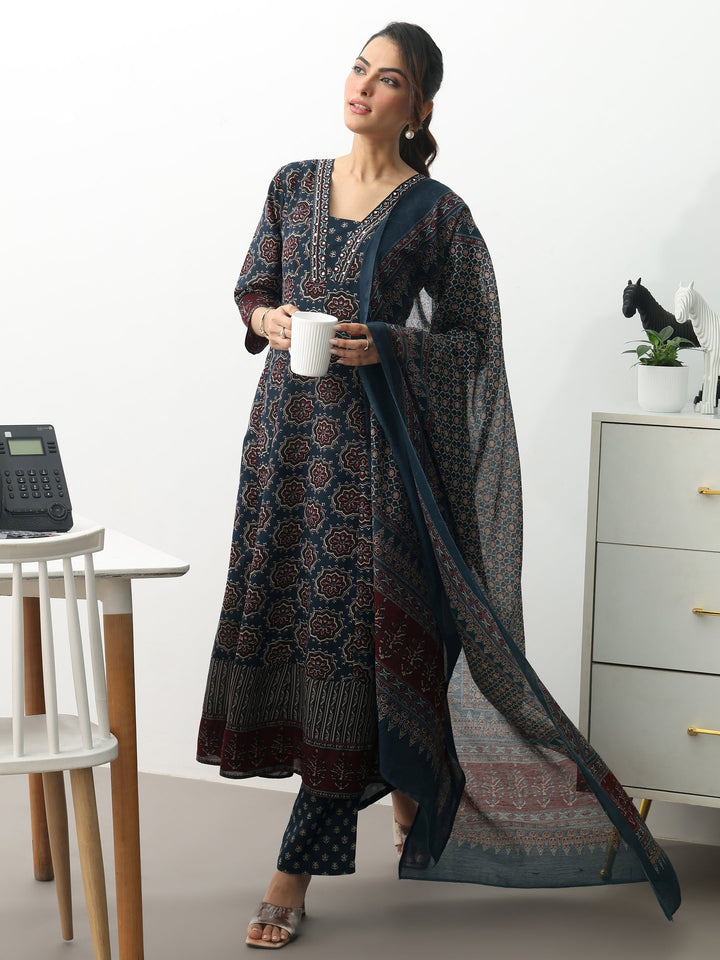Navy Blue Ethnic Motifs Printed Cotton Blend A-Line Suit Set With Dupatta