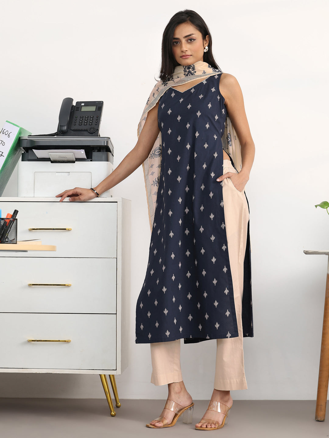 Navy Blue Ethnic Motifs Printed Cotton Blend Straight Suit Set With Dupatta