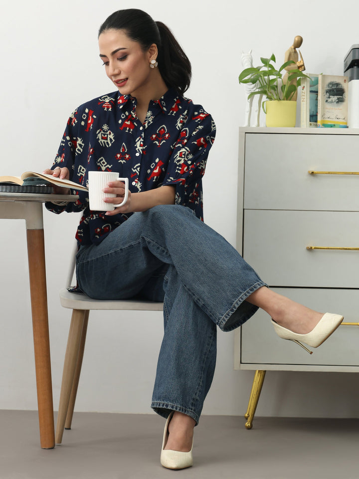 Navy Blue Ethnic Motifs Printed Cotton Shirt