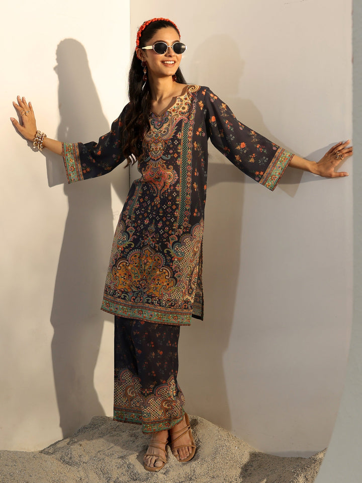 Navy Blue Ethnic Printed Cotton Blend Co-Ord Set