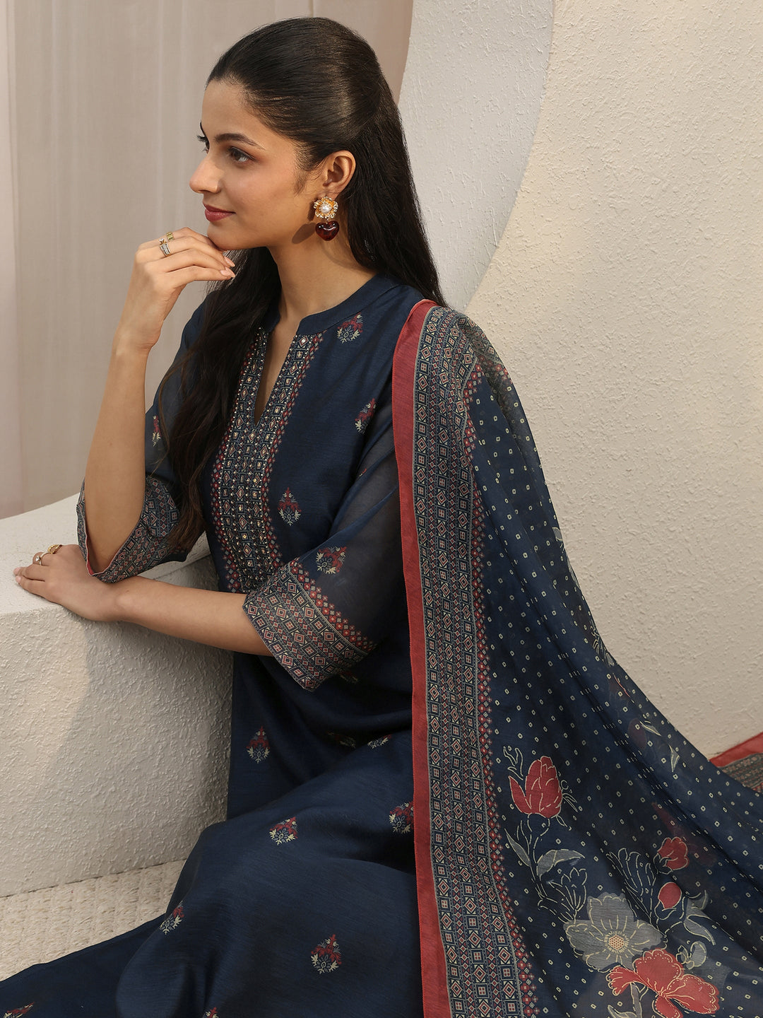 Navy Blue Ethnic Printed Silk Blend Straight Suit Set