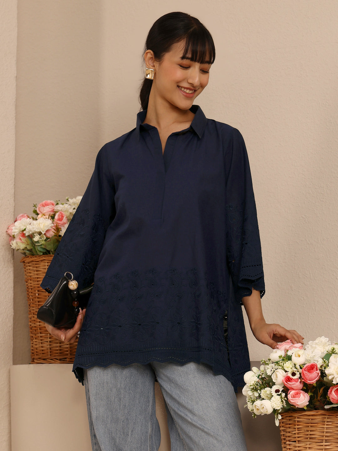 Navy Blue Floral Embroidered Cotton Blend Straight Short Kurti