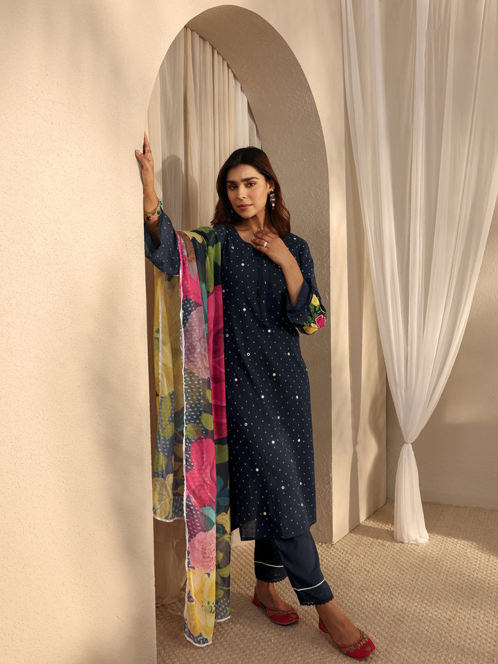 Navy Blue Floral Embroidered Cotton Blend Straight Suit Set With Dupatta