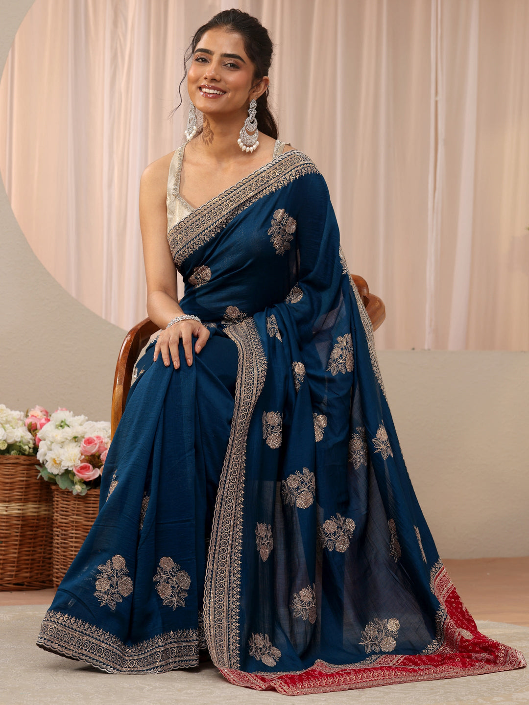 Navy Blue Floral Embroidered Silk Blend Saree