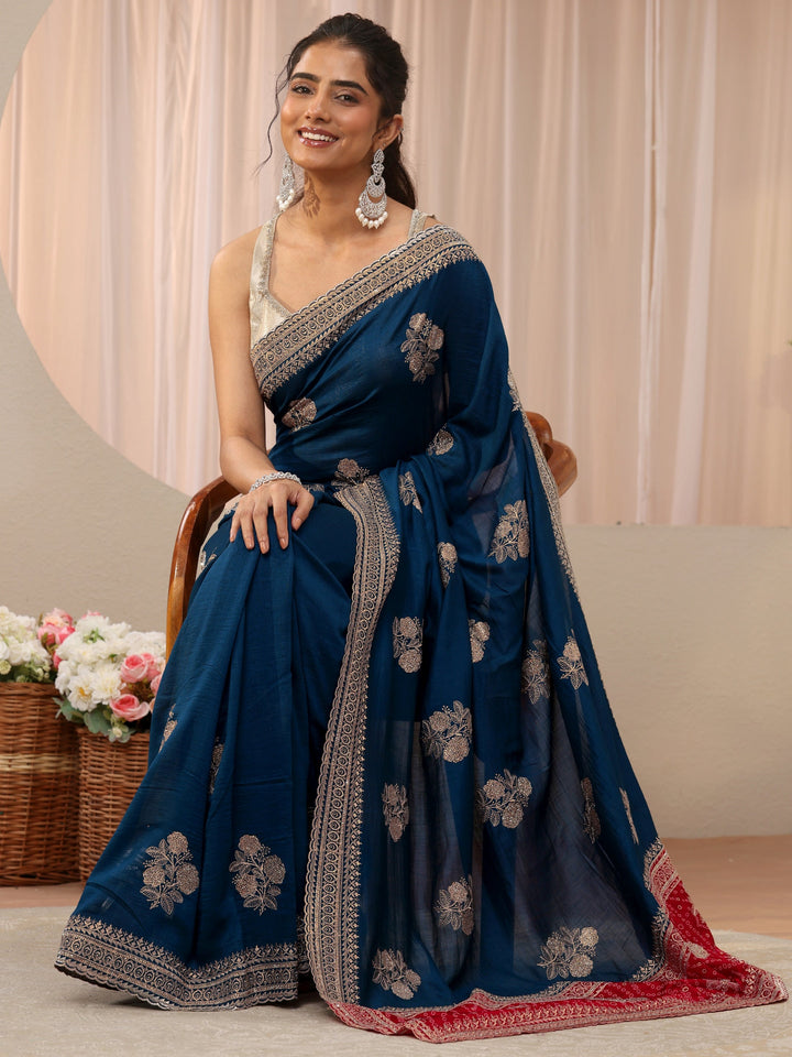 Navy Blue Floral Embroidered Silk Blend Saree