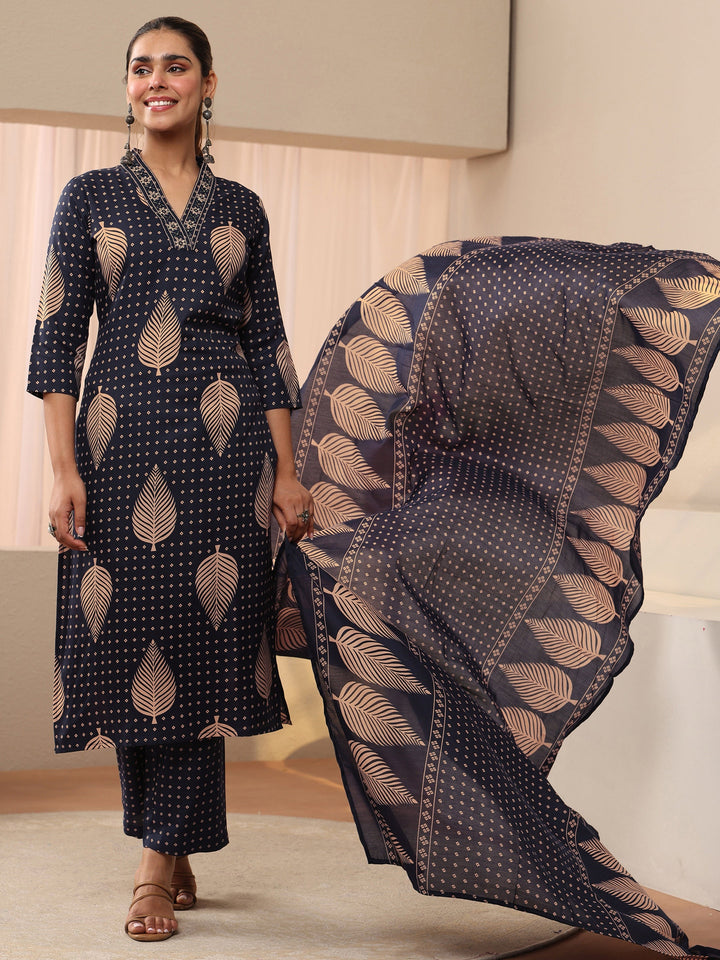 Navy Blue Floral Printed Cotton Blend Straight Suit Set