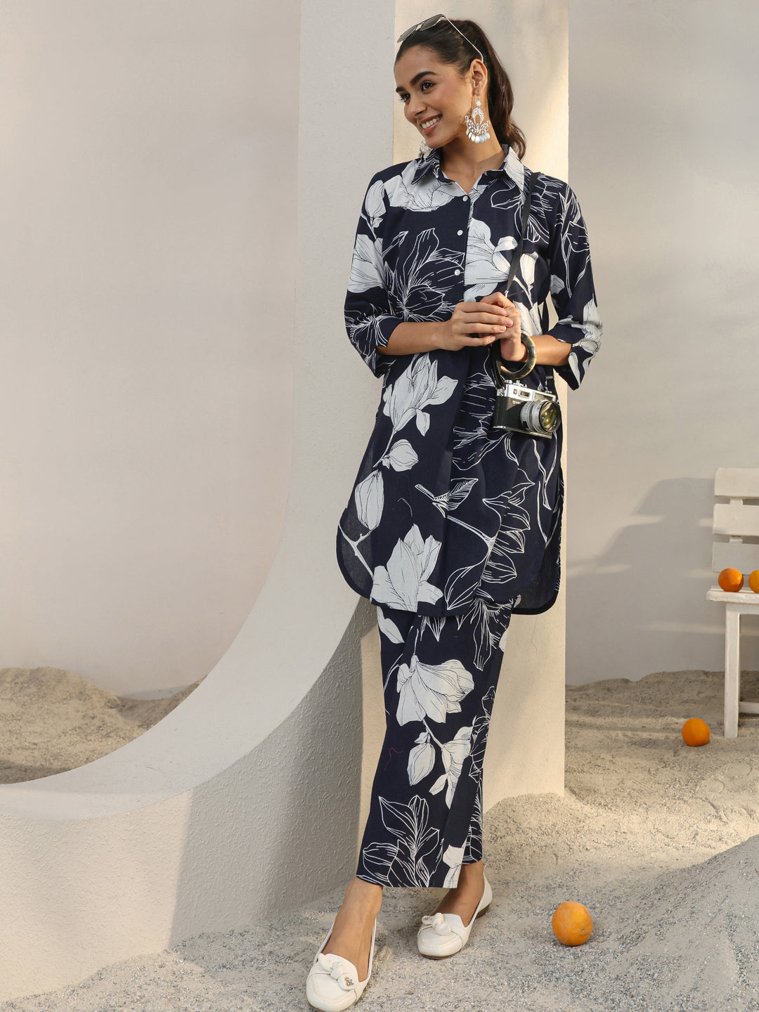 Navy Blue Floral Printed Cotton Co-Ord Set