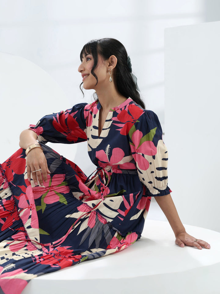 Navy Blue Floral Printed Cotton One-Piece Tiered Dress