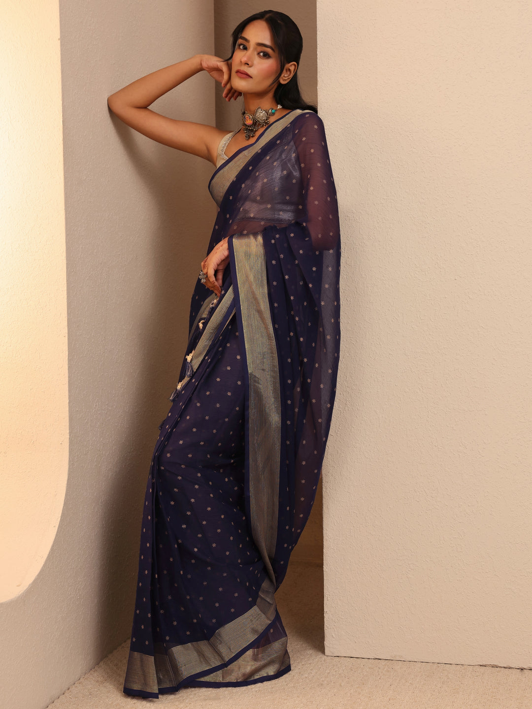 Libas Navy Blue Floral Printed Georgette Pre-Draped Saree