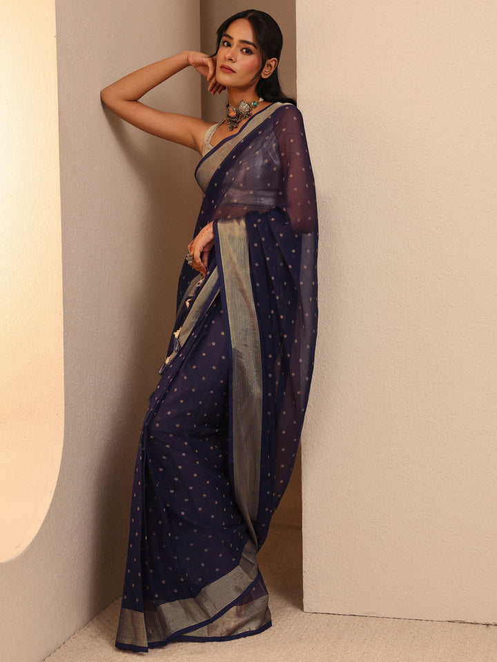 Libas Navy Blue Floral Printed Georgette Pre-Draped Saree