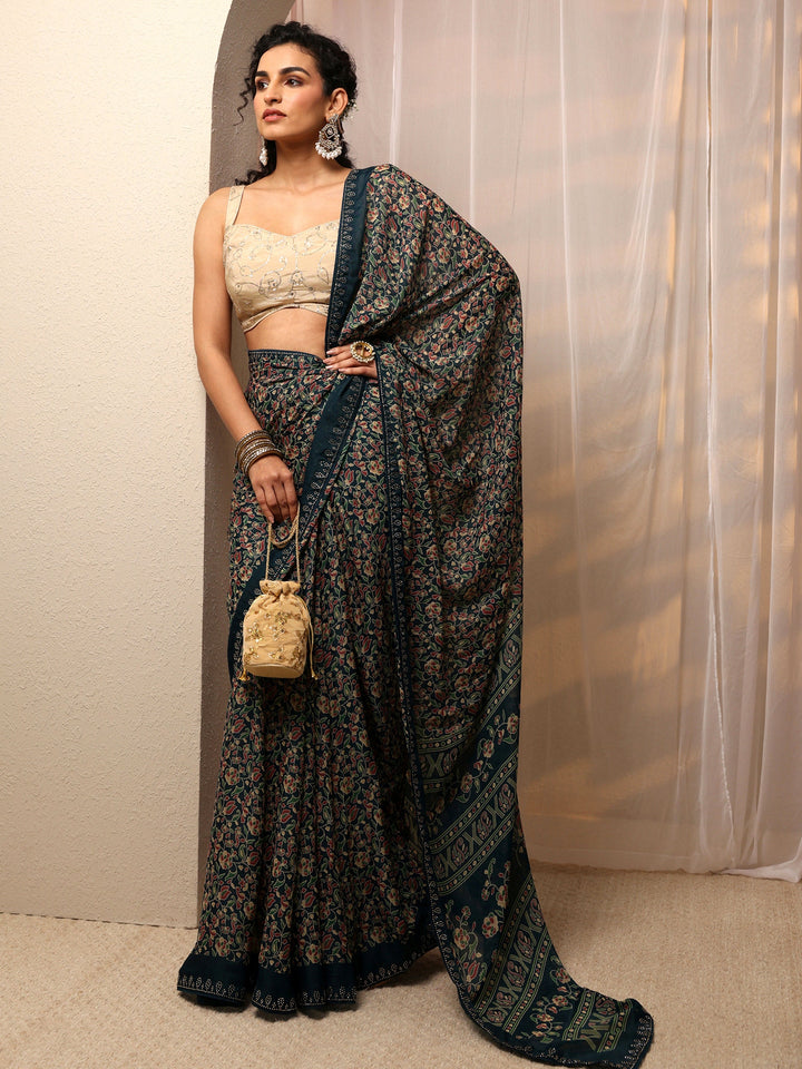 Navy Blue Floral Printed Silk Blend Saree With Unstitched Blouse Piece
