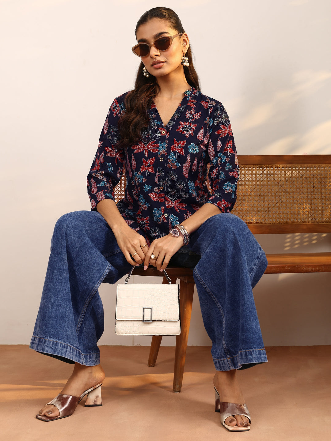 Navy Blue Floral Printed Silk Blend Straight Short Kurti