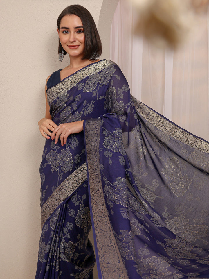 Navy Blue Floral Woven Design Silk Blend Saree With Unstitched Blouse Piece