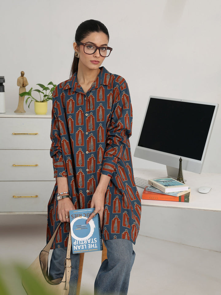 Navy Blue Geometric Printed Cotton Blend Shirt