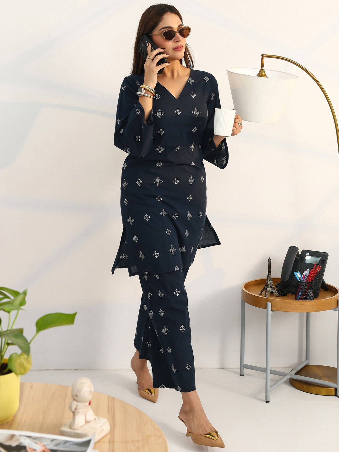 Navy Blue Geometric Printed Cotton Blend Straight Kurta Set