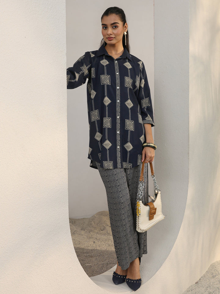 Navy Blue Geometric Printed Rayon Co-Ord Set