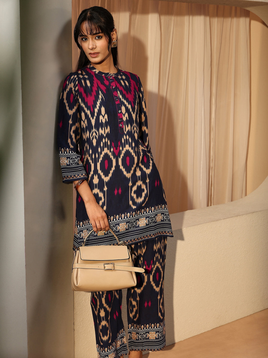 Navy Blue Ikat Printed Rayon Co-Ord Set