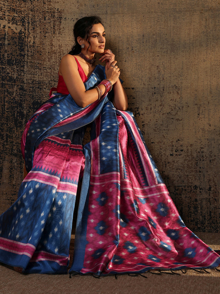 Navy Blue Ikat Printed Silk Saree With Unstitched Blouse Piece