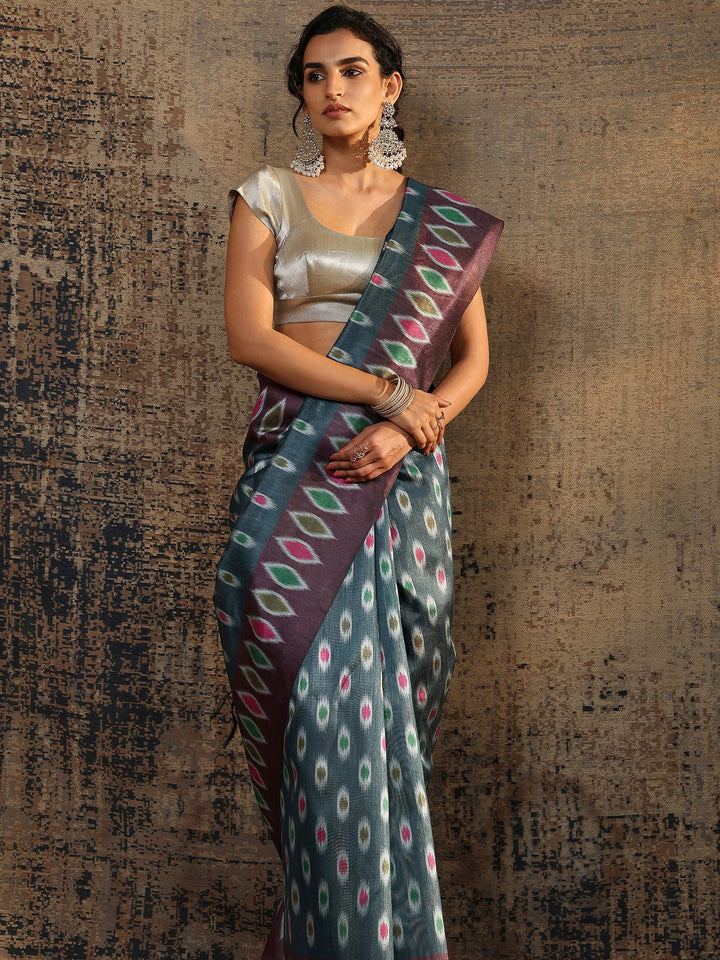 Navy Blue Ikat Printed Silk Saree With Unstitched Blouse Piece