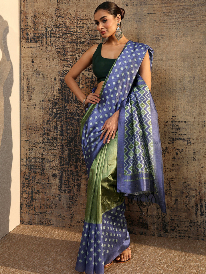 Navy Blue Ikat Solid Silk Saree With Unstitched Blouse Piece