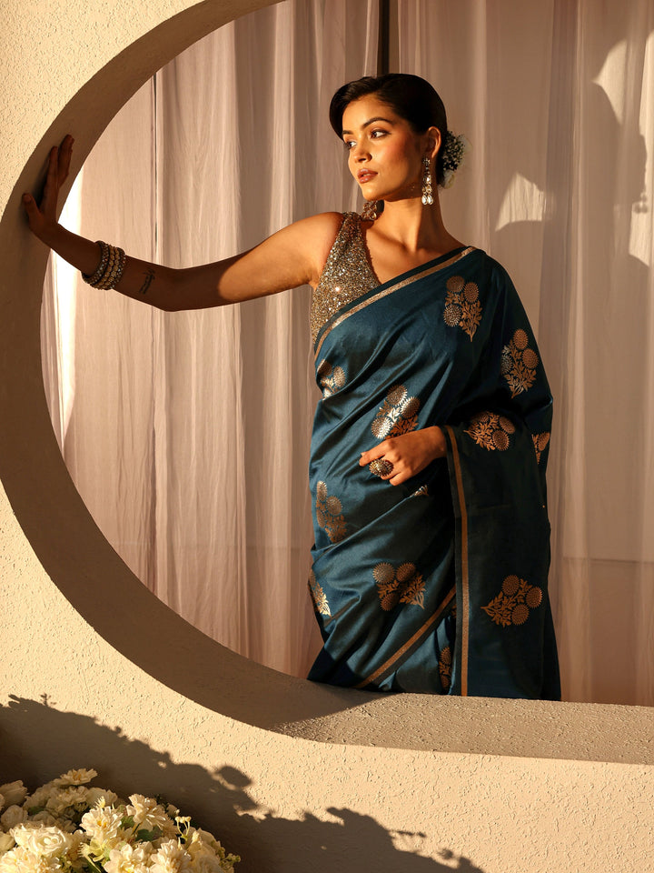 Navy Blue Kanjeevaram Silk Blend Saree