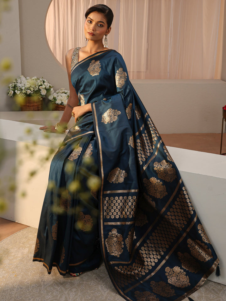 Navy Blue Kanjeevaram Silk Blend Saree