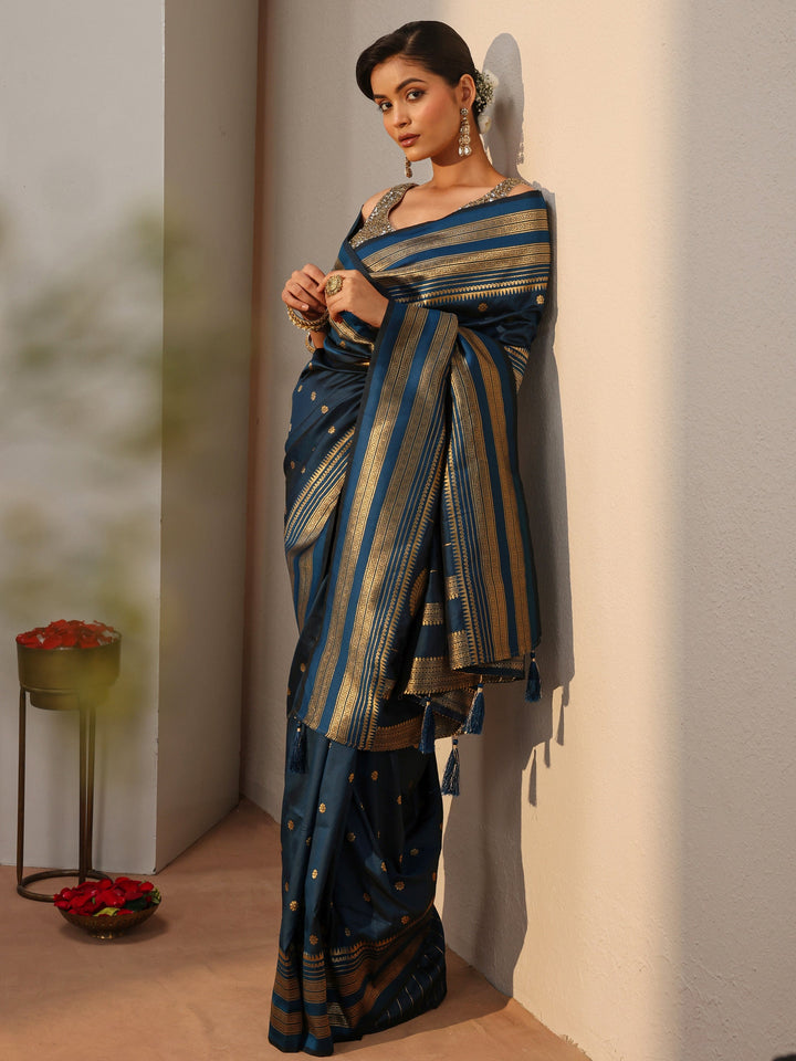 Navy Blue Kanjeevaram Silk Blend Saree