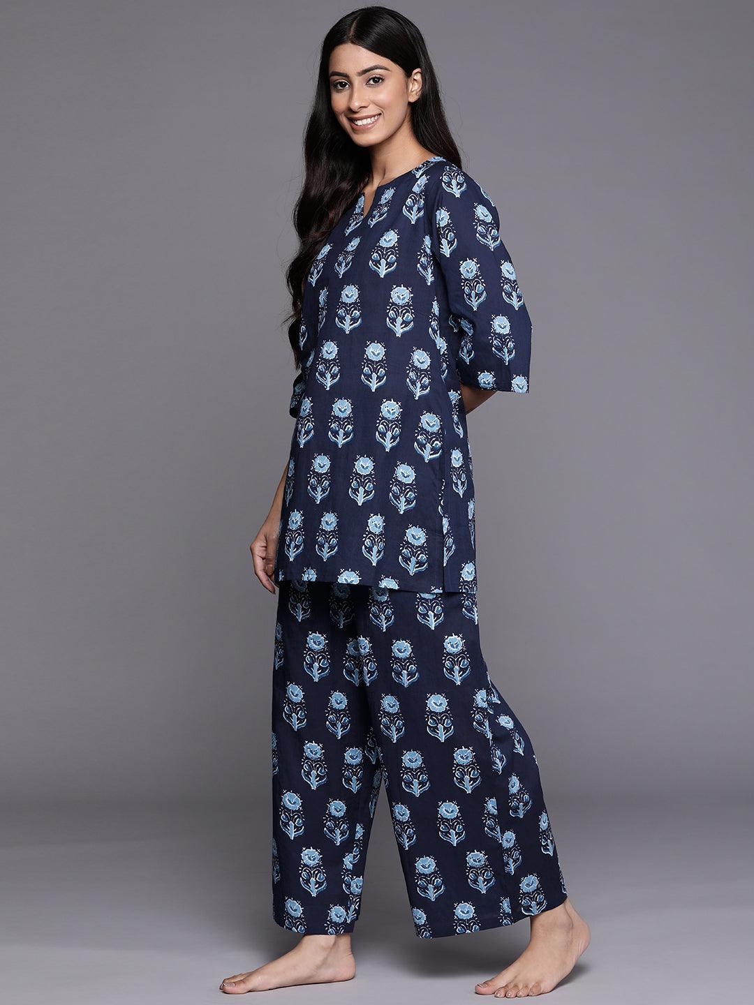 Navy Blue Printed Cotton Night Suit - ShopLibas 