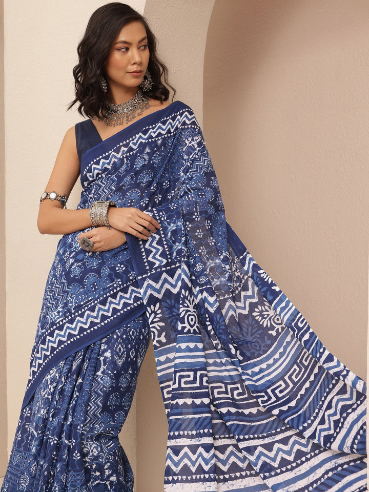 Navy Blue Printed Cotton Saree With Unstitched Blouse Piece