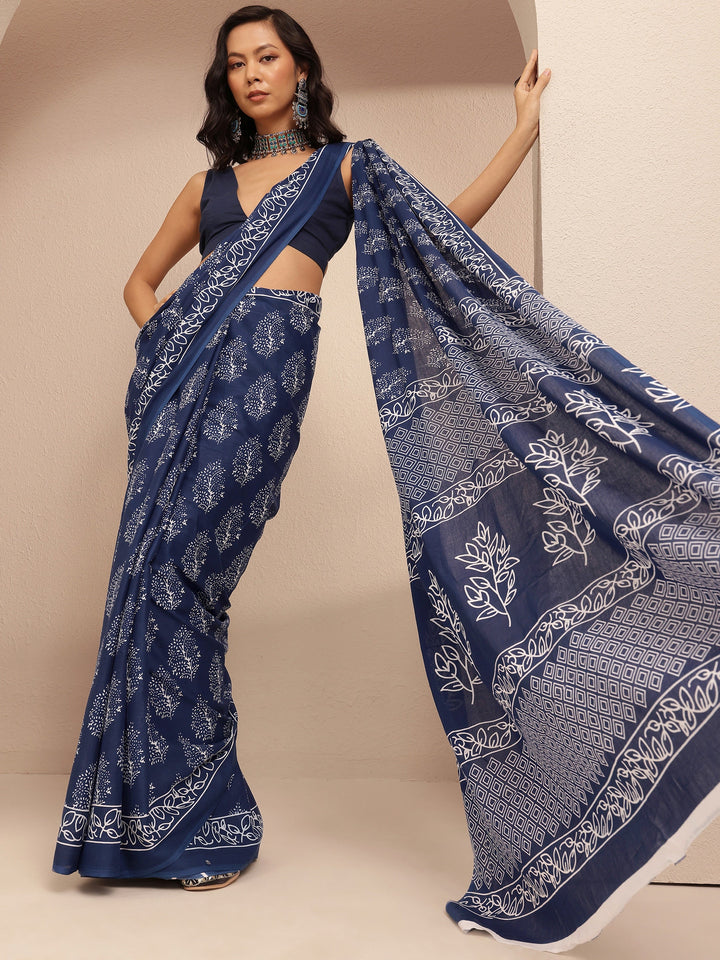 Navy Blue Printed Cotton Saree With Unstitched Blouse Piece