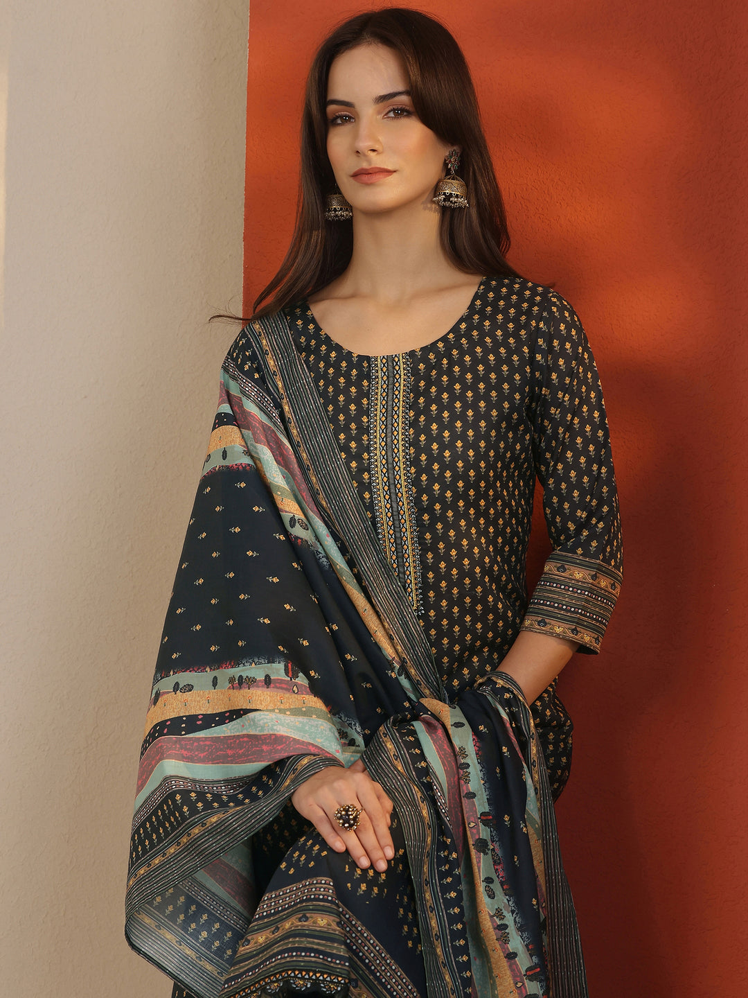 Navy Blue Printed Cotton Straight Suit Set With Dupatta