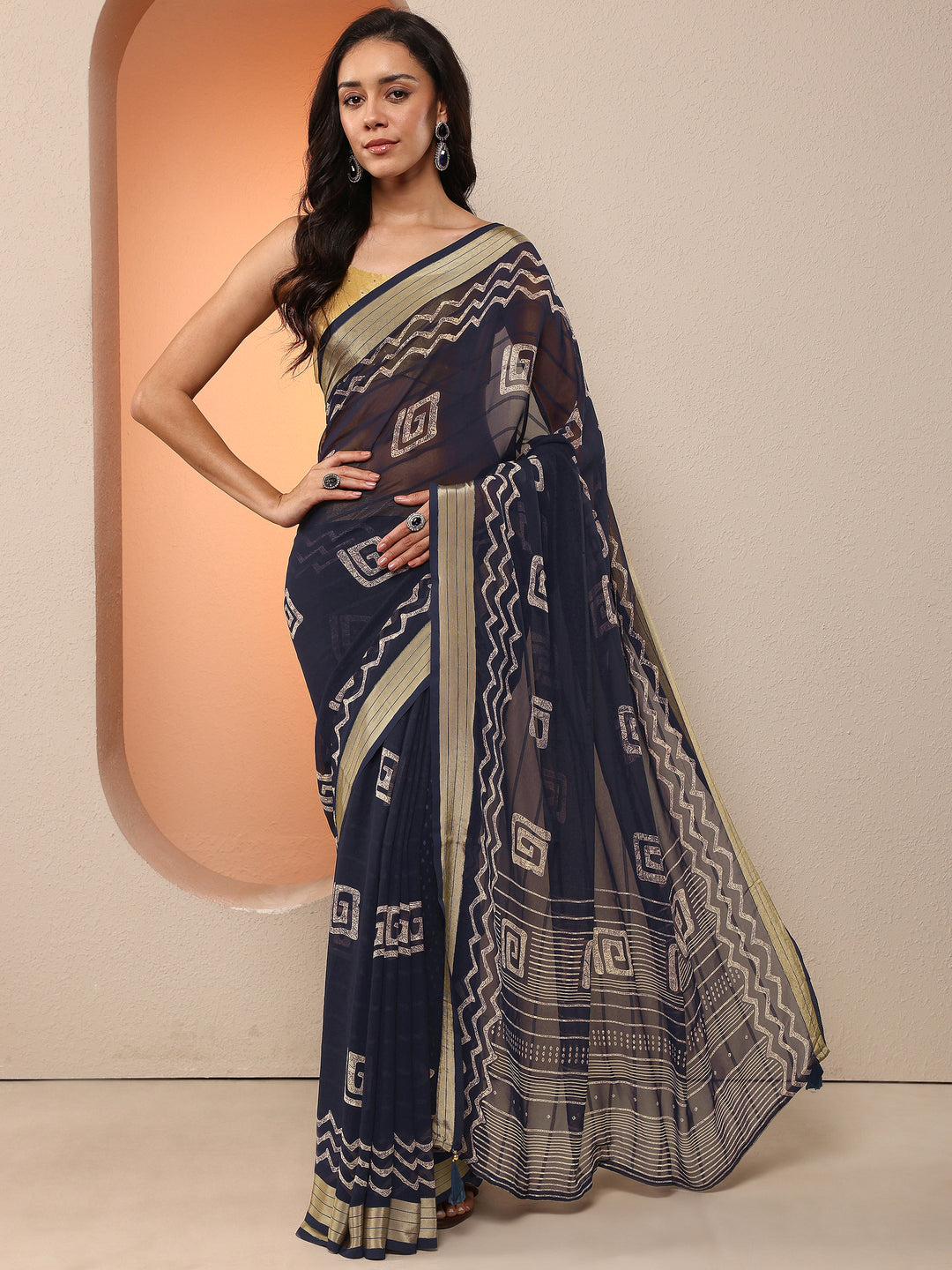 Navy Blue Printed Georgette Saree With Unstitched Blouse Piece