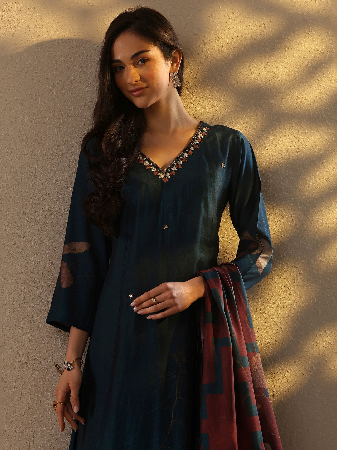 Navy Blue Printed Silk Blend A-Line Suit Set With Dupatta