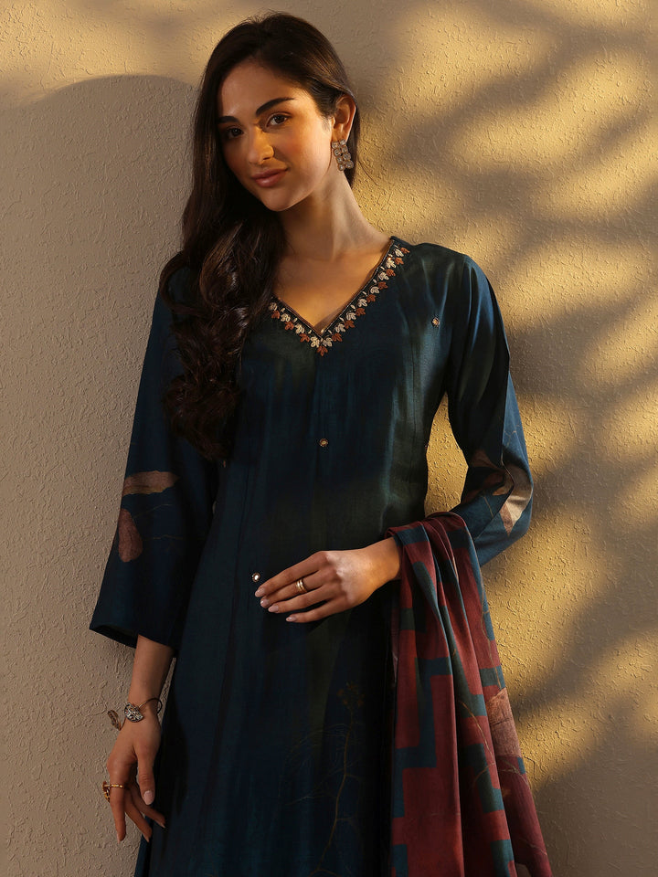 Navy Blue Printed Silk Blend A-Line Suit Set With Dupatta