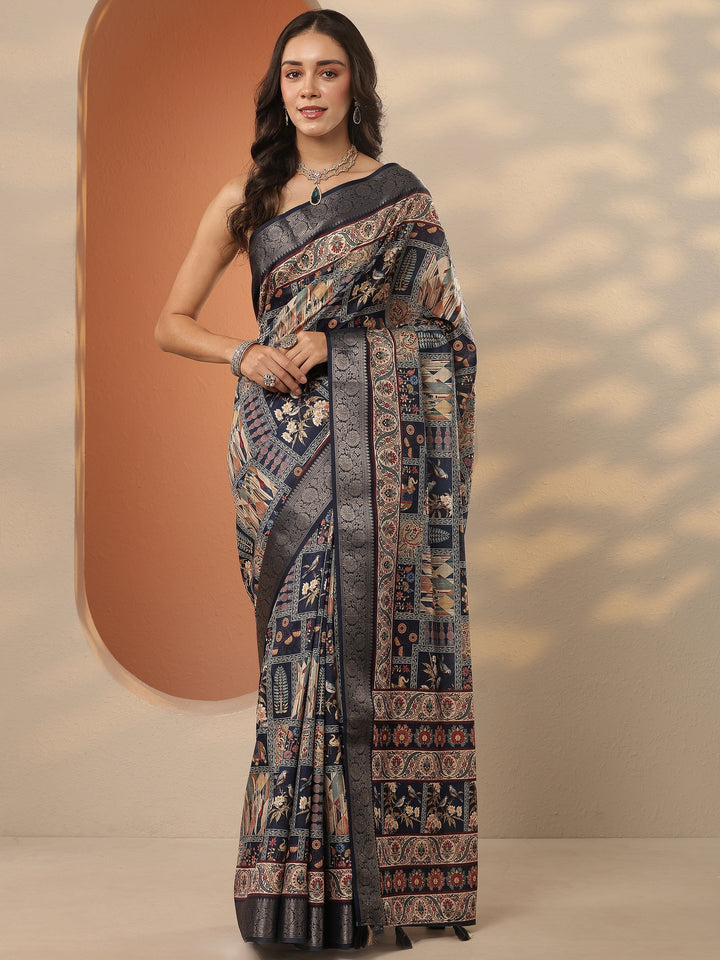 Navy Blue Printed Silk Blend Saree With Unstitched Blouse Piece